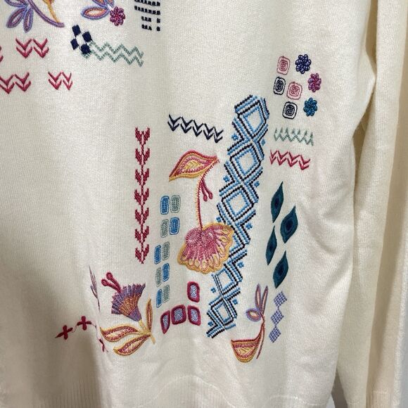 NWT Johnny Was Embroidered Wool Cashmere Sweater XL Cream Floral Boho Pullover - Picture 6 of 9